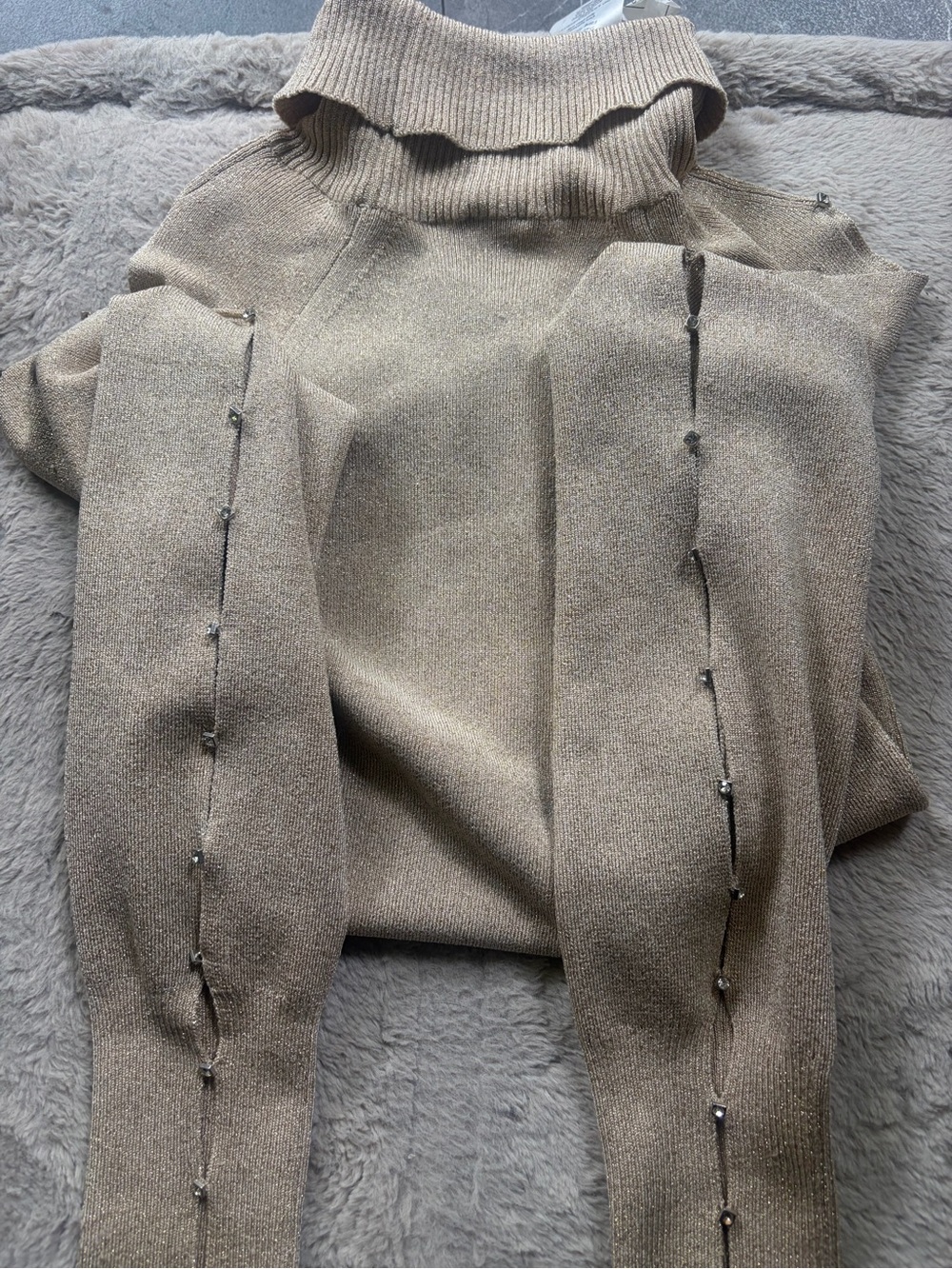 Cache Taupe Turtleneck Sweater with Beaded Sleeve Detail